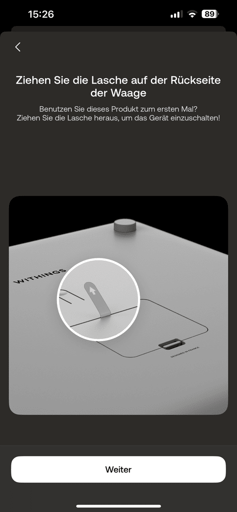Bild Zeigt einen Screenshot der App während der Einrichtung der Withings Waage